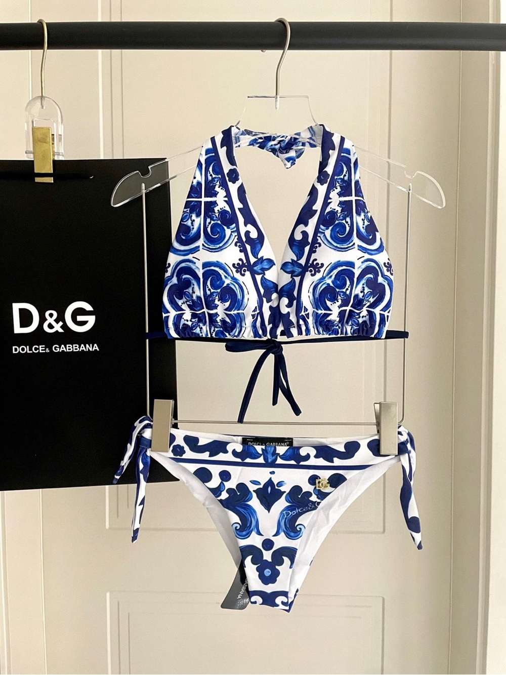 Dolce & Gabbana White & Blue Printed Halter Bikini Set